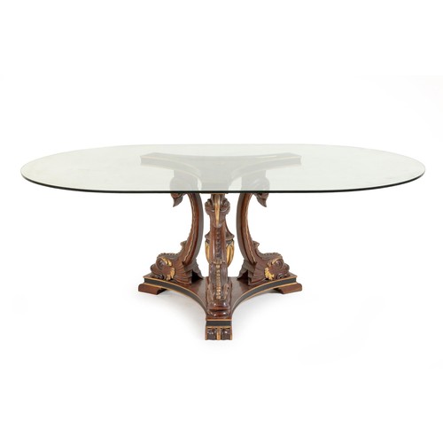 258 - A MAHOGANY AND GILT GLASS-TOPPED TABLE, MODERN