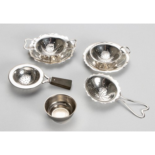 1067 - TWO GEORGE VI SILVER TEA STRAINERS AND DRIP TRAY, E J HOULSTON, BIRMINGHAM, 1943