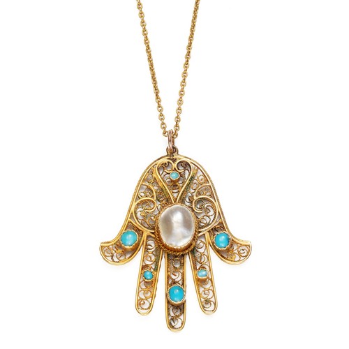 919 - A PEARL AND TURQUOISE PENDANT