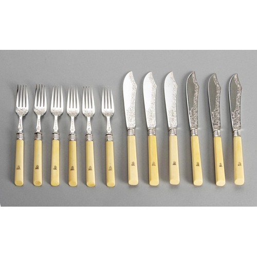 1013 - A VICTORIAN SET OF SIX SILVER AND BONE FISH KNIVES AND FORKS, SIBRAY, HALL & CO, LONDON, 1895