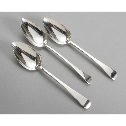 993 - THREE GEORGE III SILVER OLD ENGLISH PATTERN TABLESPOONS, RICHARD CROSSLEY, LONDON, 1802