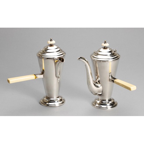 1097 - A PAIR OF SILVER PLATE HOT CHOCOLATE POTS, VAN RIEBEECK