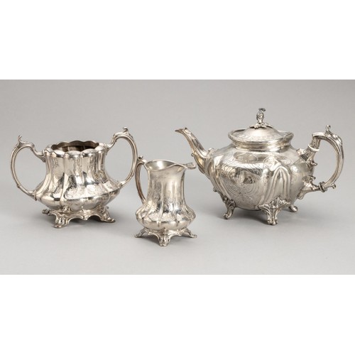 1101 - AN ASSEMBLED ELECTROPLATE THREE PIECE TEA SERVICE, MAKERS MARK RUBBED