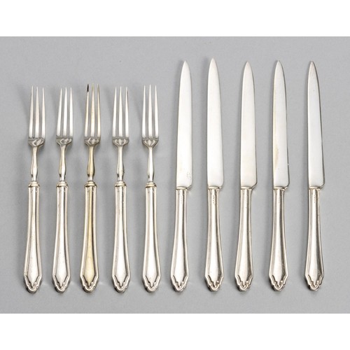 1140 - AN ELECTROPLATE SET OF FIVE FRUIT KNIVES AND FORKS