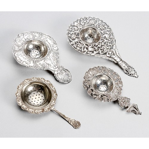 1024 - THREE SILVER TEA STRAINERS, VARIOUS MAKERS AND DATES