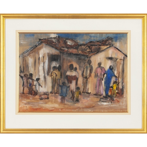 490 - Joe (Joseph Ramapulane) Maseko (South African 1940 - 2008) FIGURES BESIDE HOUSES