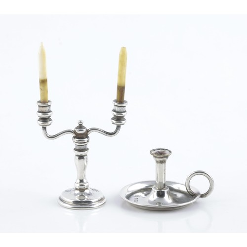 172 - AN ELIZABETH II SILVER MINIATURE TWO LIGHT CANDELABRA AND CANDLESTICK HOLDER, BARKER BROTHERS, BIRMI... 