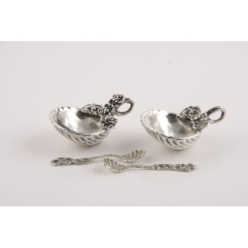 308 - A PAIR OF SILVER SALTS AND SPOONS, MAKER AND DATE MARKS RUBBED