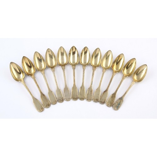 198 - A SET OF TWELVE CONTINENTAL SILVER GILT FIDDLE AND THREAD PATTERN SPOONS