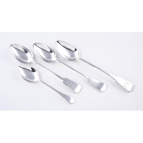 31 - THREE GEORGE III SILVER FIDDLE PATTERN TEASPOONS AND ONE OLD ENGLISH PATTERN TEASPOON, WILLIAM BATEM... 