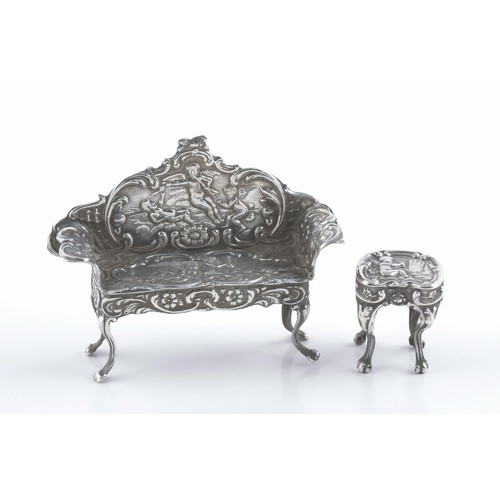 304 - A SILVER MINIATURE BENCH AND STOOL, MAKER AND DATE MARKS RUBBED