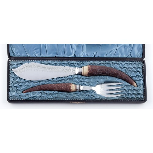 382 - A CASED ELECTROPLATE BONE-HANDLED KNIFE AND FORK SET, SHEFFIELD, 1900s