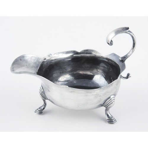 8 - A GEORGE II SILVER SAUCE BOAT, MAKERS MARK RUBBED, LONDON, 1755