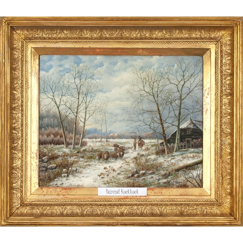 384 - Attributed to Hendrik Barend Koekkoek (Dutch 19th Century) HERDING THE SHEEP IN THE WINTER