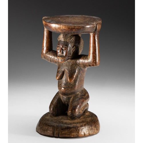 112 - AN ANTHROPOMORPHIC CARYATID STOOL, LUBA COMPLEX, DRC