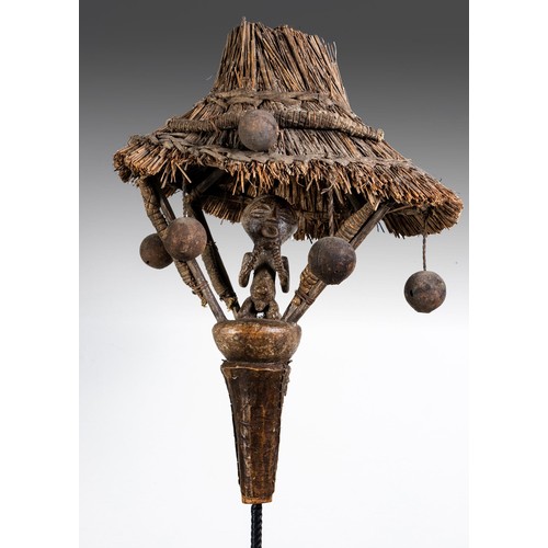 181 - A SONGYE STAFF WITH FIGURE IN HUT, DRC