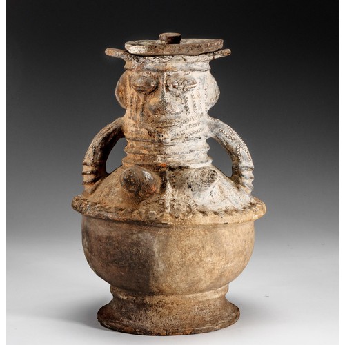 202 - A TWO-HANDLED TERRACOTTA YORUBA RITUAL VESSEL, NIGERIA, MID 20th CENTURY