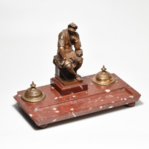 954 - A ROUGE MARBLE AND BRONZE FRENCH FIGURAL INK STAND