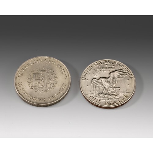 465 - AN AMERICAN SILVER DOLLAR AND A QUEEN ELIZABETH AND PRICE PHILIP 1947-1972 SILVER COIN