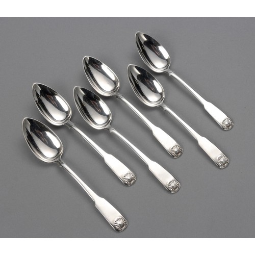 855 - SIX CAPE SILVER FIDDLE PATTERN TEASPOONS, MAKERS MARK RK