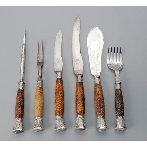 228 - A VICTORIAN SILVER CARVING SET AND FISH SERVERS, MAPPIN BROTHERS, SHEFFIELD, 1889