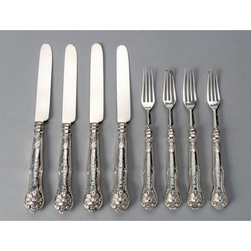 769 - A SET OF FOUR VICTORIAN SILVER QUEENS PATTERN FRUIT KNIVES AND FORKS, ATKIN AND OXLEY, SHEFFIELD, 18... 