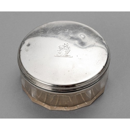 220 - A VICTORIAN SILVER-MOUNTED AND GLASS DRESSING TABLE JAR, THOMAS DILLER, LONDON, 1840