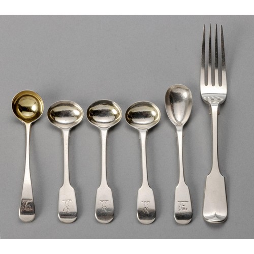 764 - THREE GEORGE IV SILVER FIDDLE PATTERN SALT SPOONS, GEORGE TURNER, EXETER, 1823