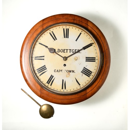 508 - A WOOD AND BRASS WALL CLOCK, A.BOETTGER, CAPE TOWN, EARLY 20TH CENTURY