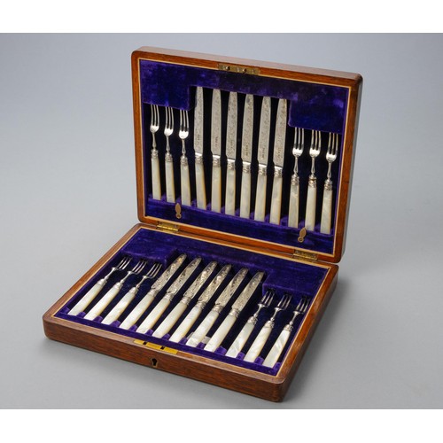 798 - A CASED SET OF TWELVE GEORGE V SILVER AND MOTHER OF PEARL FRUIT KNIVES AND FORKS, ALLEN AND DARWIN, ... 