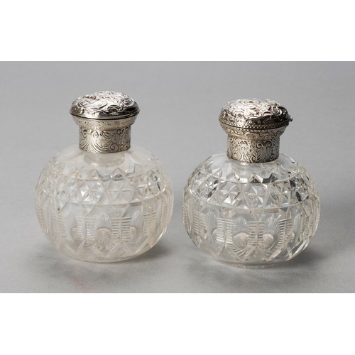 226 - A PAIR OF VICTORIAN SILVER-MOUNTED AND GLASS SCENT BOTTLES, WILLIAM COMYNS & SONS, LONDON, 1882