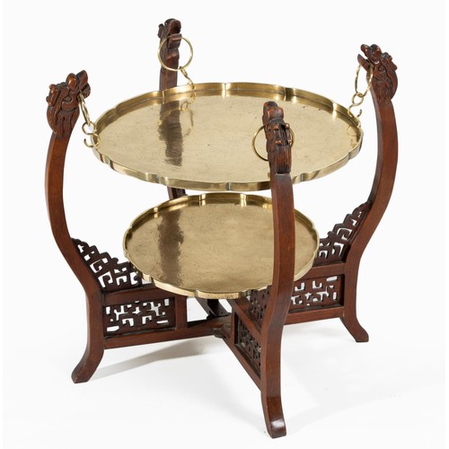 638 - A CHINESE TWO-TIER BRASS AND HARDWOOD FOLDING TABLE