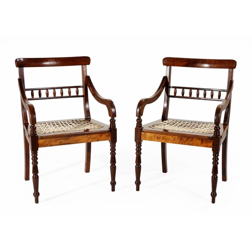 645 - A PAIR OF CAPE STINKWOOD REGENCY STYLE ARMCHAIRS, MANUFACTURED BY E.E. MEYER, MID 20TH CENTURY