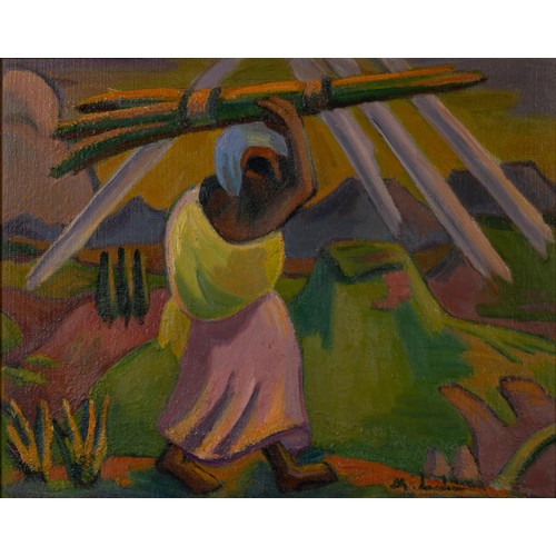 Maggie (Maria Magdalena) Laubser (South Africa 1886 - 1973) WOOD CARRIER IN A LANDSCAPE WITH BEAMS