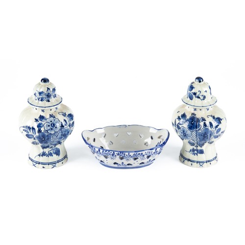 545 - A PAIR OF SMALL DELFT BLUE AND WHITE JARS AND COVERS, MODERN