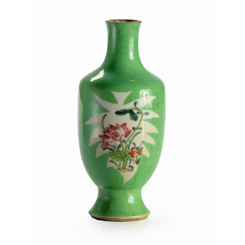 478 - A CHINESE PISTACHIO GROUND FAMILLE ROSE VASE, QING DYNASTY, 18TH CENTURY