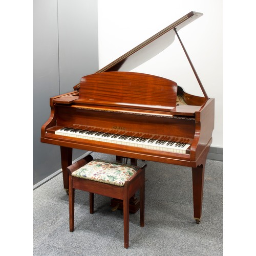 615 - A MAHOGANY CASED BABY GRAND PIANO & PIANO STOOL, CHALLEN, LONDON