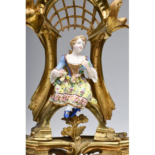 953 - A PAIR OF FRENCH ORMOLU AND PORCELAIN CANDELABRA