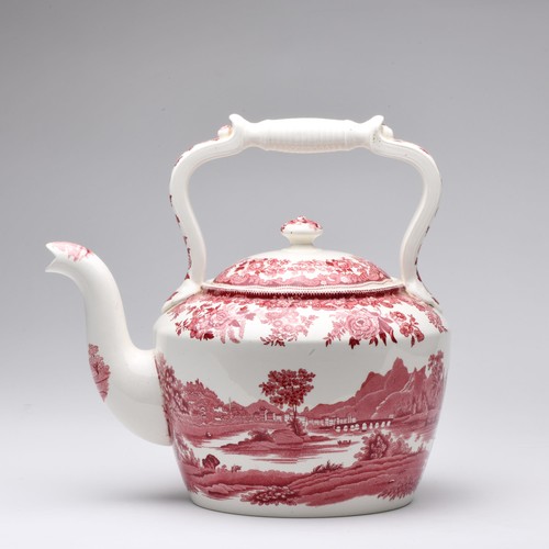 887 - A LARGE SPODE RED 'RHINE' PATTERN TEA KETTLE