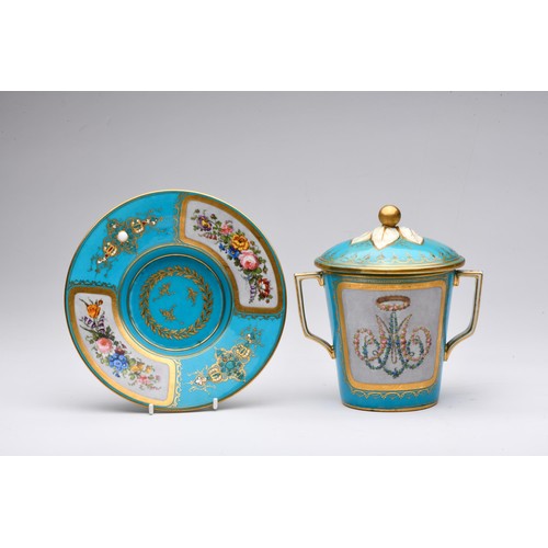 871 - A SEVRES TURQUOISE-GROUND 'MARIE ANTOINETTE' TWO-HANDLED COVERED CUP AND SAUCER