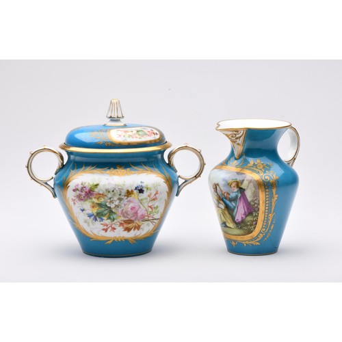 872 - A SEVRES PORCELAIN VASE AND COVER AND A JUG EN SUITE