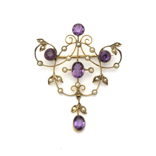 772 - AN AMETHYST AND PEARL BROOCH, CIRCA 1900