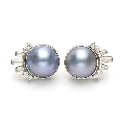 805 - A PAIR OF MABÉ PEARL AND DIAMOND EARRINGS, CIRCA 1980