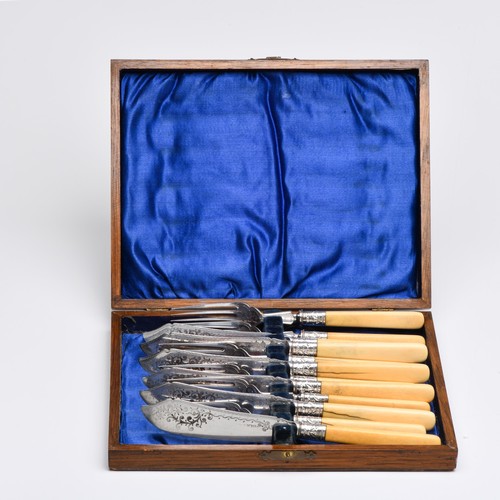 906 - A CASED SET OF SIX ELECTROPLATE AND BONE FISH KNIVES AND FORKS