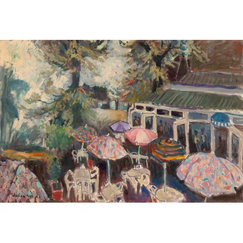 388 - Michael Wolfson (South African 20th Century) AFTERNOON TEA UNDER COLOURFUL UMBRELLAS