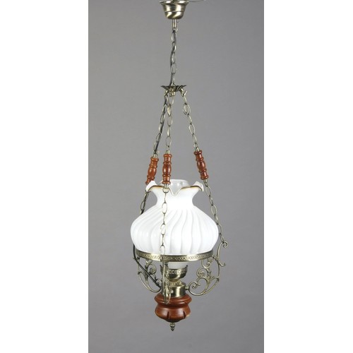 945 - A SET OF FOUR VICTORIAN -STYLE BRASS WOOD AND BRASS HANGING LIGHTS