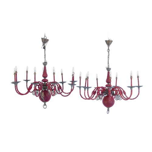 641 - A PAIR OF NINE-LIGHT BRASS AND BEAD-WORK CHANDELIERS