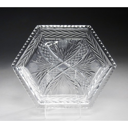 596 - A HEXAGONAL CZECH CRYSTAL HEAVY CUT ROSE FRUIT PLATTER