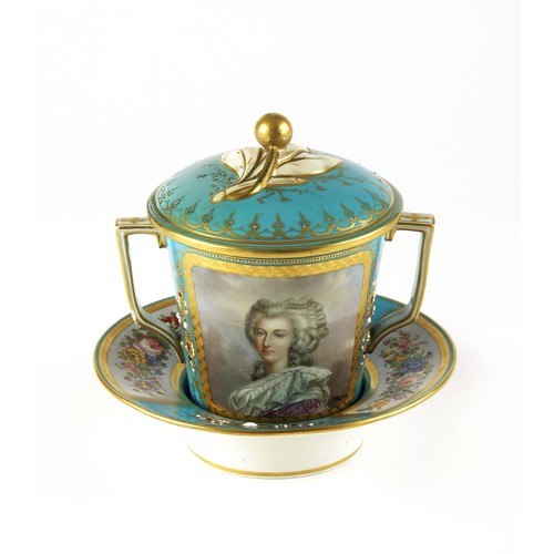 871 - A SEVRES TURQUOISE-GROUND 'MARIE ANTOINETTE' TWO-HANDLED COVERED CUP AND SAUCER