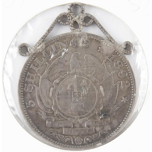 752 - A SILVER 5 SHILLING KRUGER PENDANT, 1892